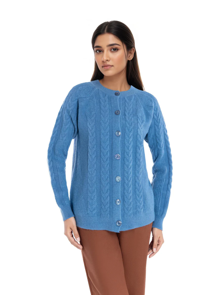 Blue-Round Neck Reglan Sleeves Cardigan Sweater (25Y-011-67)
