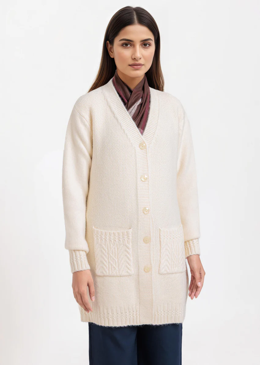 Cream-V-Cardigan Full Sleeves Sweater (25Y-121-67)